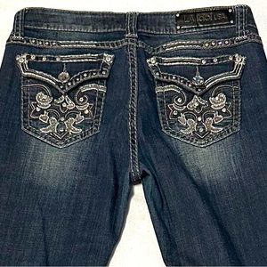 LA IDOL MID RISE BIG BLING FAUX LEATHER TRIM DARK WASH BOOT CUT JEANS.Sz 13/14